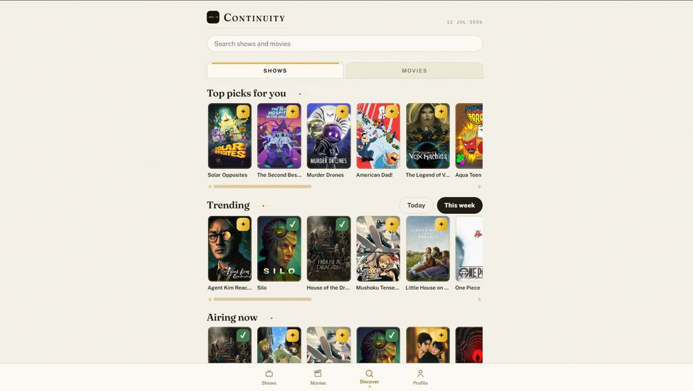 Continuity web app at app.continuity.tv showing Discover